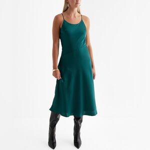 EXPRESS Satin Scoop Neck Midi Downtown Cami Slip Dress Deep Teal size XS